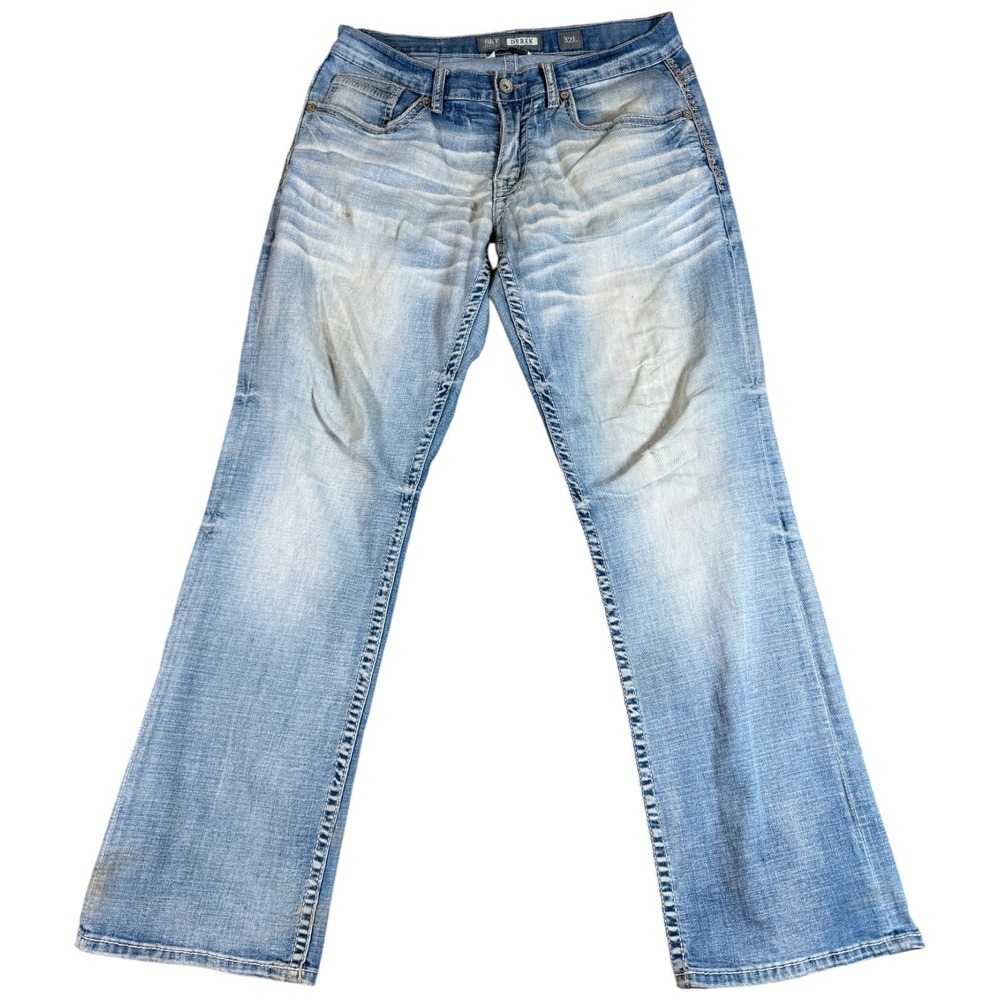 Buckle BKE Derek Jeans Mens 32 Large‎ Blue Denim Medium Wash Low Rise Boot Leg